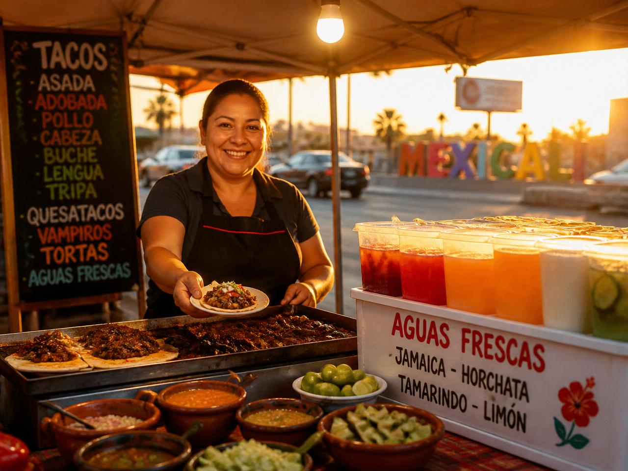 Puesto de comida callejera de Colitas El Wero al atardecer en Mexicali.